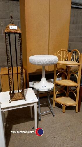 Small wooden table, 2 stools, metal/wicker CD rack and wicker corner shelf