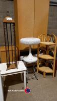 Small wooden table, 2 stools, metal/wicker CD rack and wicker corner shelf