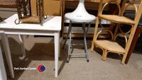 Small wooden table, 2 stools, metal/wicker CD rack and wicker corner shelf - 3