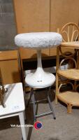 Small wooden table, 2 stools, metal/wicker CD rack and wicker corner shelf - 4