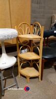 Small wooden table, 2 stools, metal/wicker CD rack and wicker corner shelf - 5