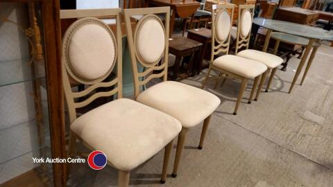 4 x metal/fabric dining chairs and glass top dining table