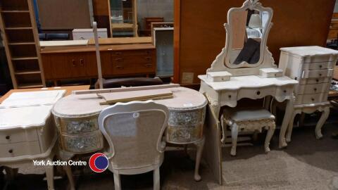 Painted dressing table and stool, painted open chair, 2 x beside tables, chest of drawers