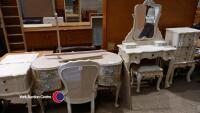 Painted dressing table and stool, painted open chair, 2 x beside tables, chest of drawers