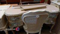 Painted dressing table and stool, painted open chair, 2 x beside tables, chest of drawers - 3