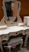 Painted dressing table and stool, painted open chair, 2 x beside tables, chest of drawers - 5