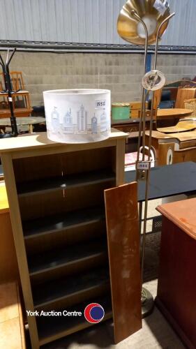 1 x floor lamp, 1 x beige/grey 5 shelf book case and 1 x beach scene lamp shade