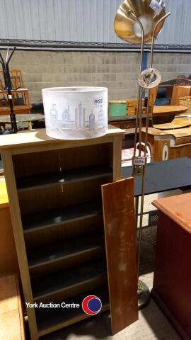 1 x floor lamp, 1 x beige/grey 5 shelf book case and 1 x beach scene lamp shade