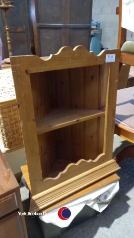 Wall mounted pine corner shelving unit plus metal strong box with wooden top