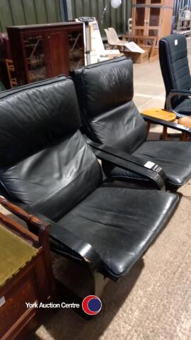 2 leatherette recliner chairs and 2 pine stools