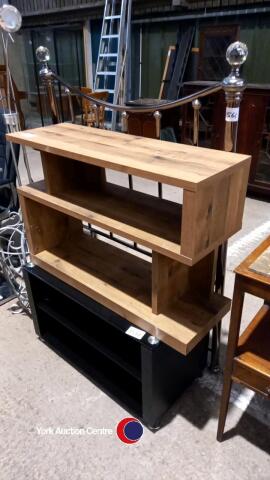 Ornate single bed metal headboard, wooden shelving unit plus glass TV video stand