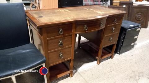Leather top bow fronted vintage wooden desk