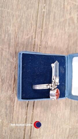 Unusual silver ring with cornelian and rock stone crystal