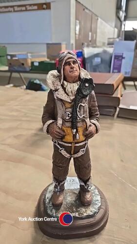 WW2 US Army Airman, hand-cast and hand-painted. Reproduction of an original sculpture by renowned artist, Michael Garman. made in Garman's Colorado Springs studio USA (foil label on bottom base). Approx 1in x 6.5in, etched signature and date between feet