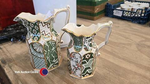 Pair vintage Masons ironstone applique pattern hand painted jugs