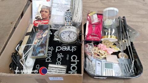 Box of miscellaneous, including, chopping boards, knives, trivet, roasting tin, birthday glasses etc