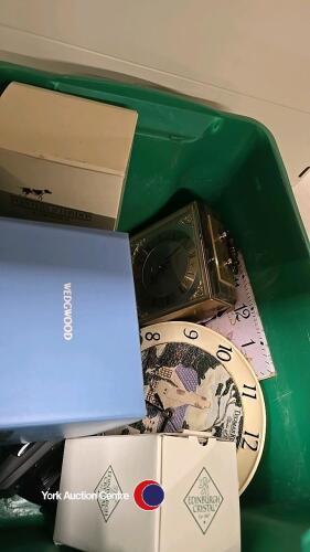 Box of assorted clocks inc Wedgewood, Edinburgh crystal and pointers