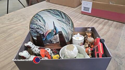 Box of antique and vintage figures, dogs etc