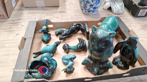 Blue china ornaments includes: bunny, seal, penguin, duck, large owl, large polar bear all immaculate condition, horse, condition as found