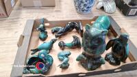 Blue china ornaments includes: bunny, seal, penguin, duck, large owl, large polar bear all immaculate condition, horse, condition as found