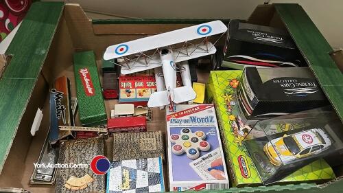 Box of assorted collector's items inc die cast models, harmonicas and card games