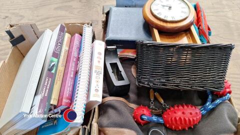 Box of miscellaneous items including clock, etc, and small box of books including road map of France