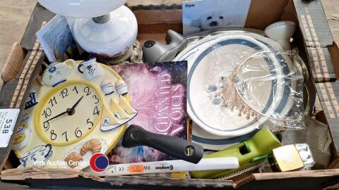 Box of miscellaneous items inc Alfred Meakin pottery and table/bedside lamp