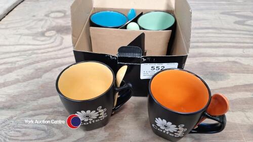 4 x black coffee mugs with coloured inner and matching spoon