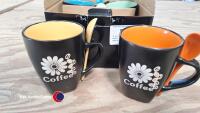 4 x black coffee mugs with coloured inner and matching spoon - 2