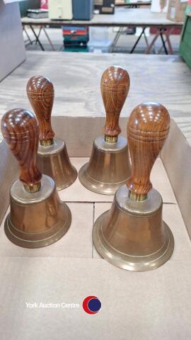 4 x brass handbells with wooden handles