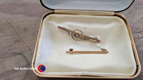 2 x 9CT gold bar brooches, 1 with seed pearls