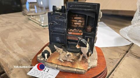 Border Fine Arts Scene - In from the cold, JH.62 1991 and Old the Kitchener Black Range etc. 2 collies & a lamb on wooden plinth