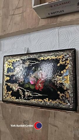 Vintage papier mache album inlaid with Mother of Pearl painted with flowers named for Adela, Sophia Kinson 6 Nov 1854 with greeting cards, engraved Busts of Philip, King of France and his family, cut paper lace etc
