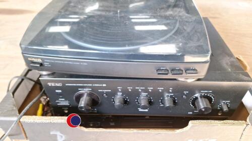 Teal CD player and amplifier plus Aiwa turntable and Sony CD player and speakers
