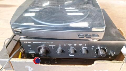 Teal CD player and amplifier plus Aiwa turntable and Sony CD player and speakers