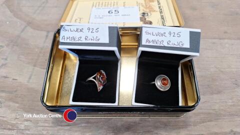 2 x silver 925 amber rings