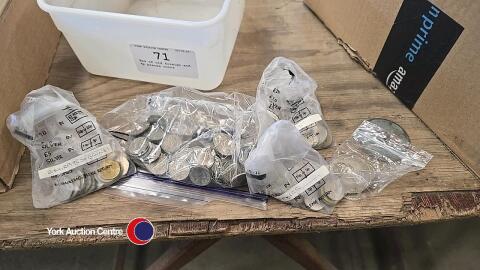 Box of old foreign and 6p pieces coins