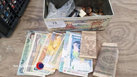 Large tin of foreign notes and coins, European and Asian