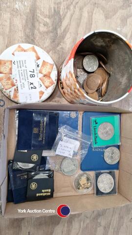 Tin of assorted British coins, Victorian, George V and VI, plus Jersey Coronation 2013 £5 coin & Crown coins and Churchill crown