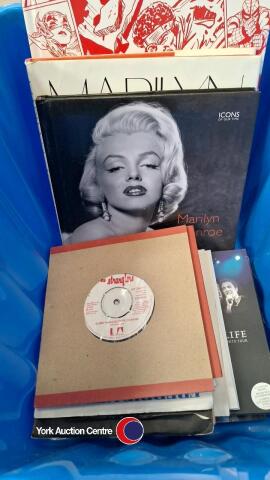 Box of rare collectable single records together with books and DVDs