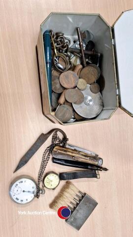 Vintage tin of collectables including vintage coins, fountain pens and watches