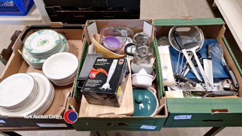3 boxes of assorted items including tableware cutlery and utensils