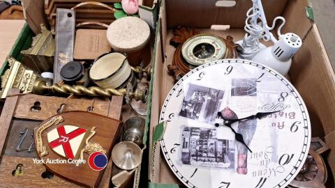 2 boxes of ornaments including brass candlesticks and ornate wall barometer