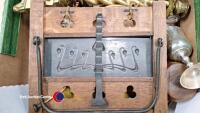 2 boxes of ornaments including brass candlesticks and ornate wall barometer - 4