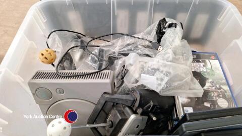 Box of vintage computer games inc Playstation console and games