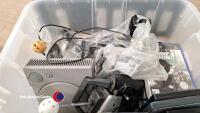 Box of vintage computer games inc Playstation console and games