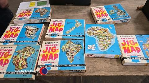 Box of vintage Waddingtons jig map puzzles
