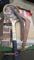 Box of children's games inc tennis racket and boomerangs