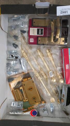 Box of new hardware brass bolts etc