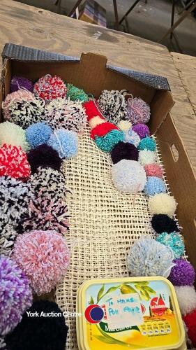 Pompom making kit plus rug kit, includes wooden pompom maker, mesh matting for rug making and lots of pompoms